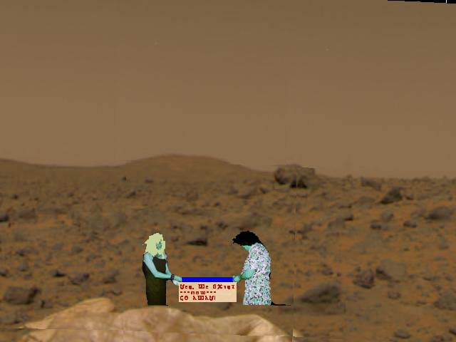 Picture of two green people on Mars holding a banner that says 'Go Away!'